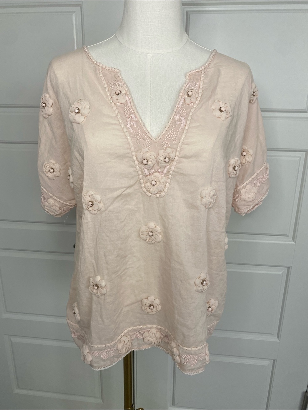 Boden Pink 3D Floral Applique Embroidered Cotton Blouse US 10
